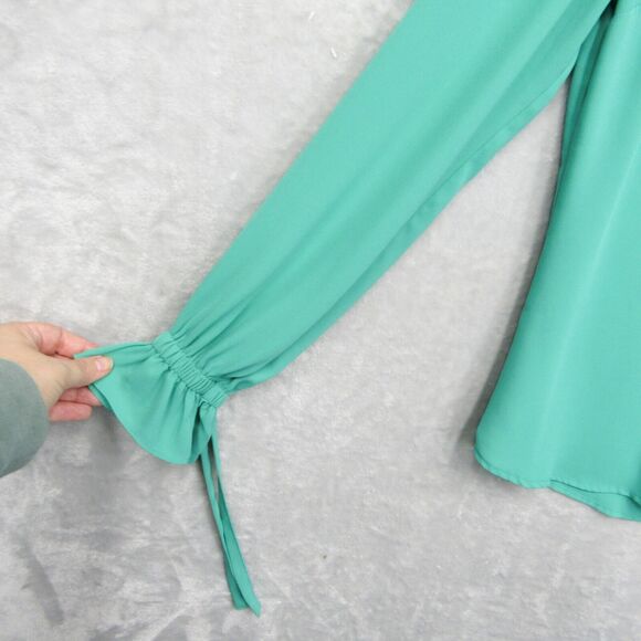 Express Portofino Shirt Green Bell Tie Long Sleeve Blouse Top Button Up Sz Small - Picture 5 of 10